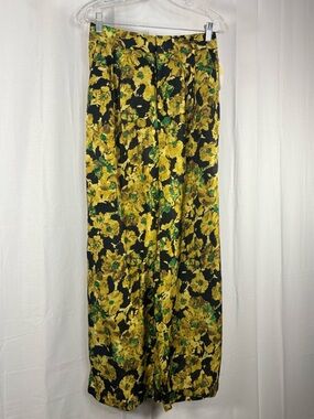 NWT LEUR LOGETTE Floral Print Wide leg Pants - Black, Yellow & Green size 2/ US4